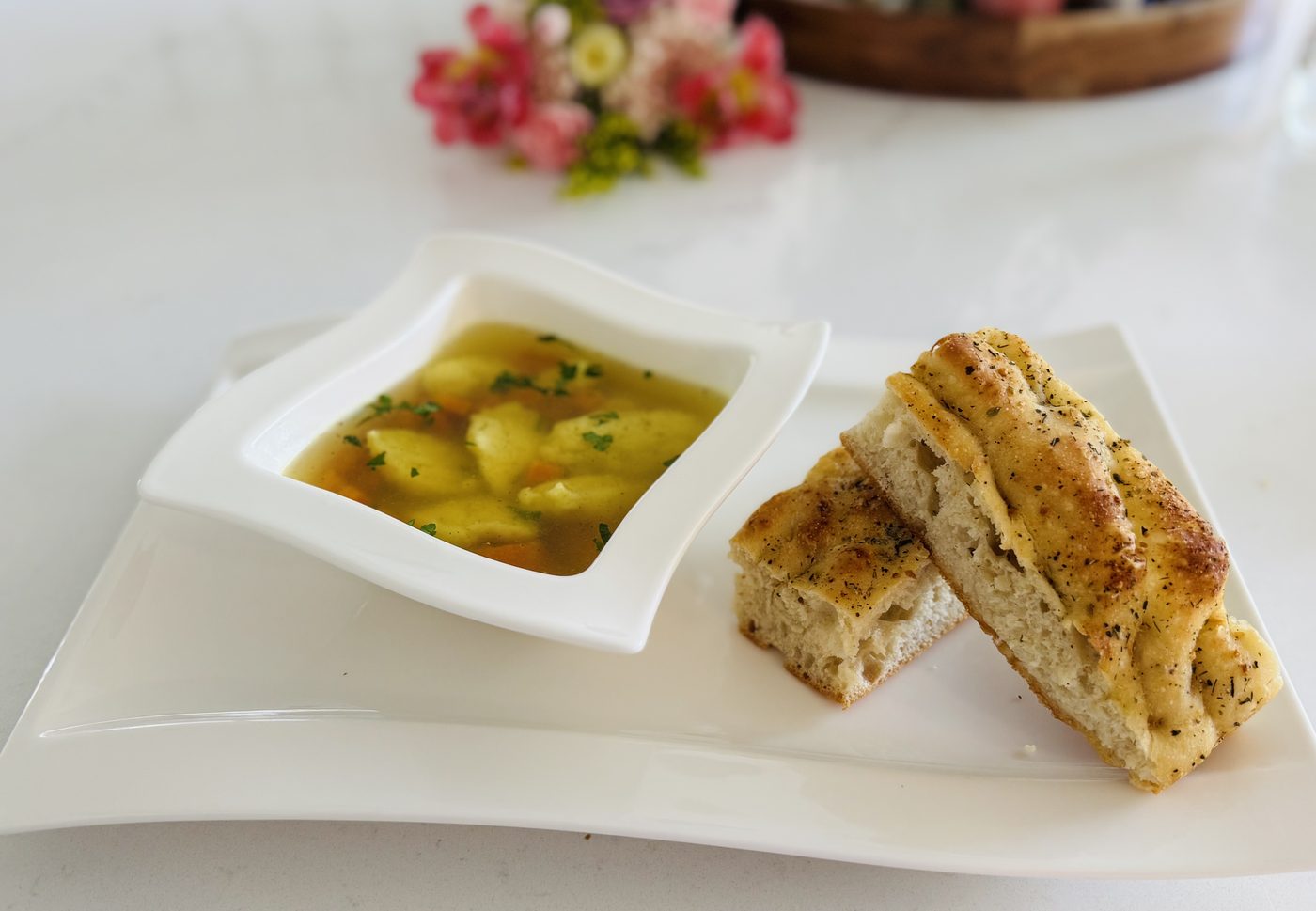 Soup jar and focaccia sandwich